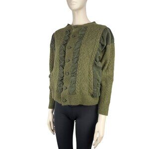 MONTAGUT VTG Wool Boxy Button up Ruffled Velevet Suede Green Cardigan s S-M